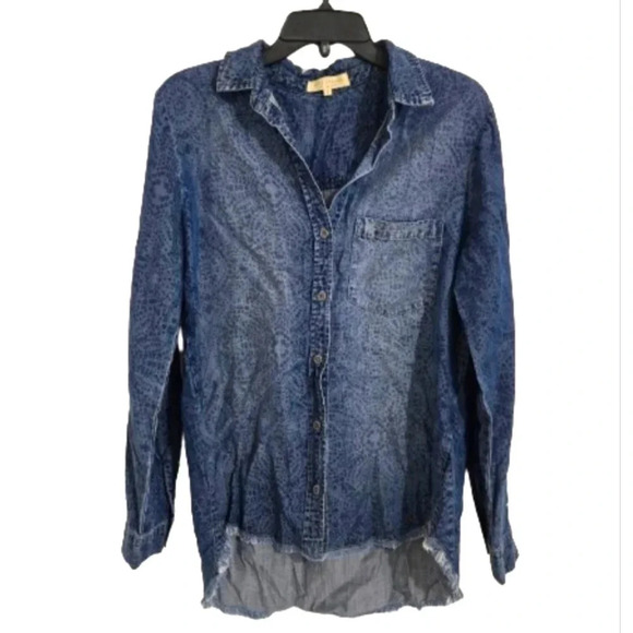 Side Stitch Denim Shirt Women's Size Small Button-Up Frilled Western Baggy - Picture 1 of 12